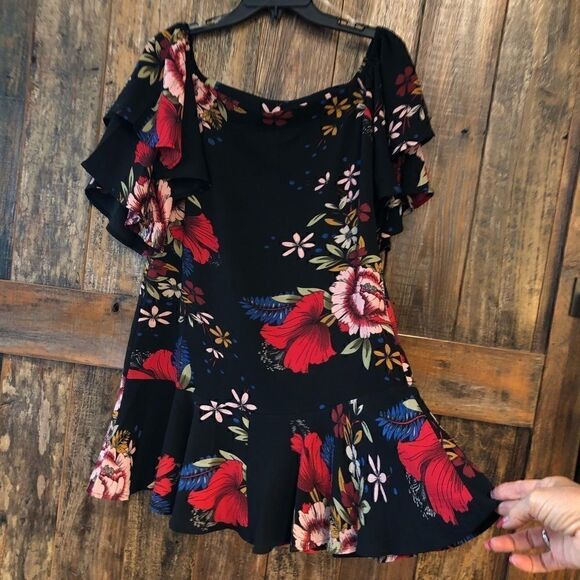 Luxe Apothetique S NWT Black Red Large Floral Mini Flowy Ruffle Light Dress - Picture 7 of 9